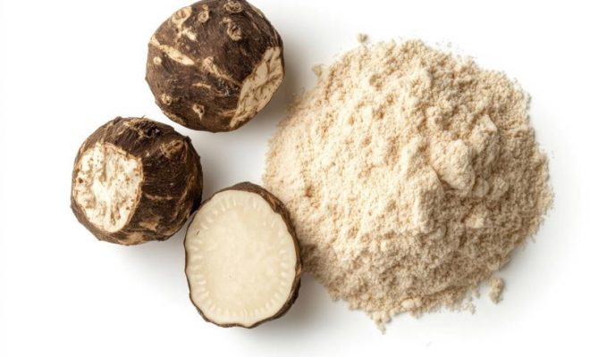 Fresh konjac root powder mound, minimalist style, white background, dietary supplement concep