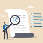 Inspect or review document, report or legal audit, quality assurance, search for document, information or research, investigate, proof or checking concept, businessman with magnifier inspect document.