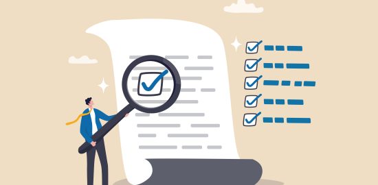 Inspect or review document, report or legal audit, quality assurance, search for document, information or research, investigate, proof or checking concept, businessman with magnifier inspect document.