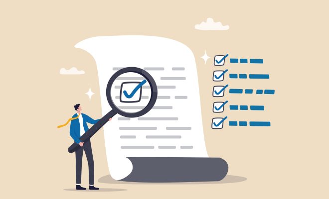 Inspect or review document, report or legal audit, quality assurance, search for document, information or research, investigate, proof or checking concept, businessman with magnifier inspect document.