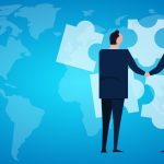 Mergers corporate and acquisitions. Two company acquisition businessman handshake work together collaboration