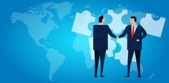 Mergers corporate and acquisitions. Two company acquisition businessman handshake work together collaboration