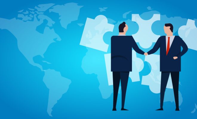 Mergers corporate and acquisitions. Two company acquisition businessman handshake work together collaboration