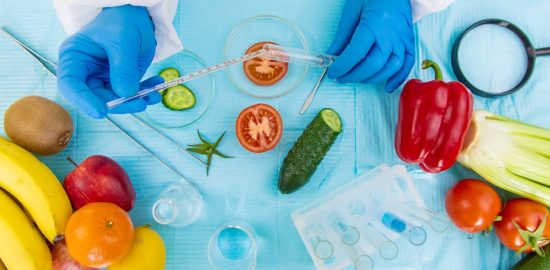 laboratory testing of different food products. Selective focus.