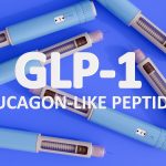A 3d rendering of pre-filled injection pen, similar to those used for diabetes or weight management medications with letters spell out GLP-1