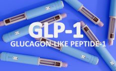 A 3d rendering of pre-filled injection pen, similar to those used for diabetes or weight management medications with letters spell out GLP-1