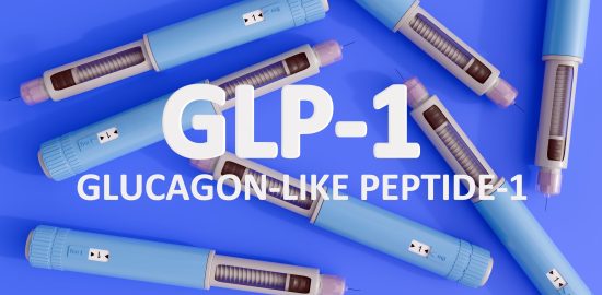 A 3d rendering of pre-filled injection pen, similar to those used for diabetes or weight management medications with letters spell out GLP-1